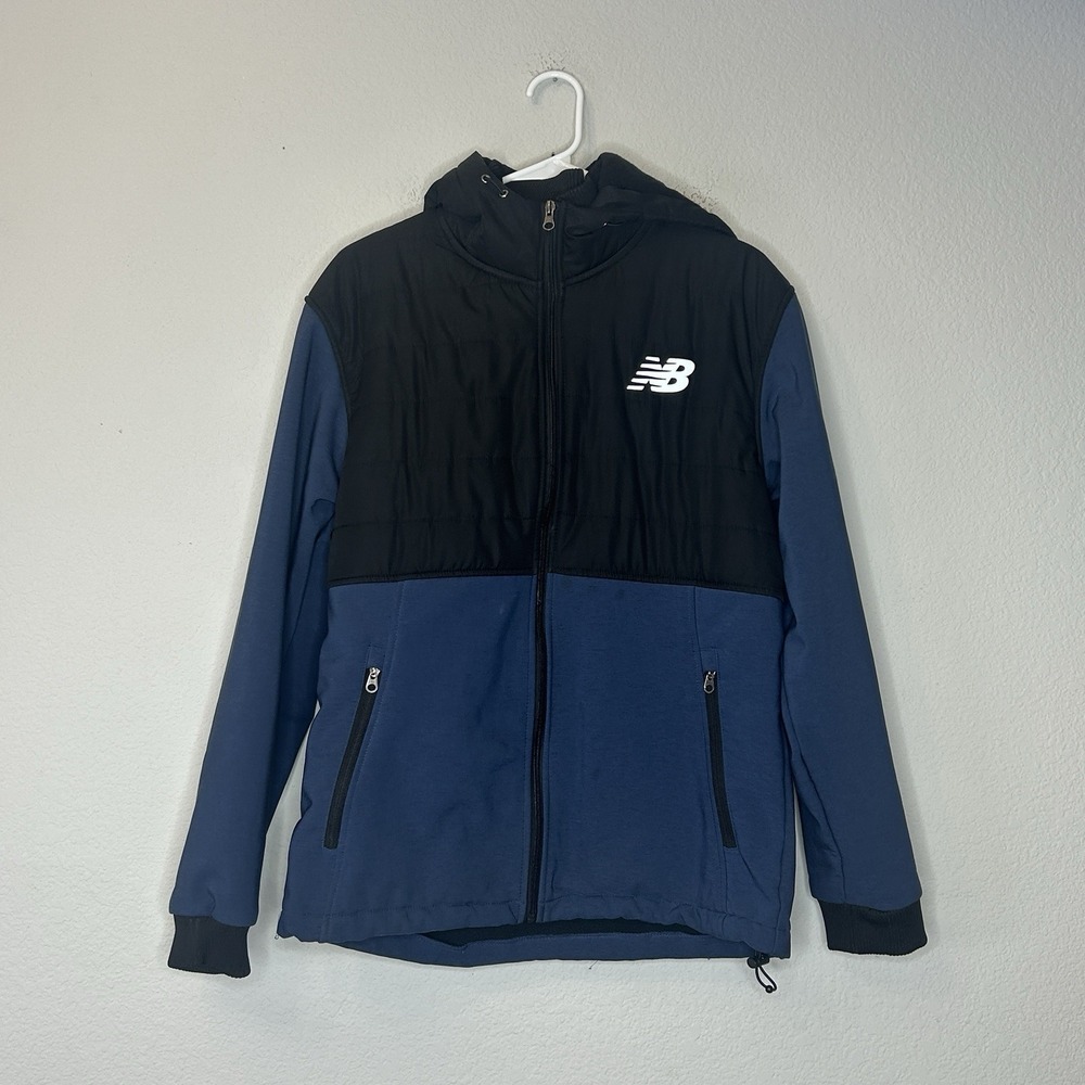 New Balance Hybrid Softshell Hooded Jacket Men's Size M Blue Black Full Zip